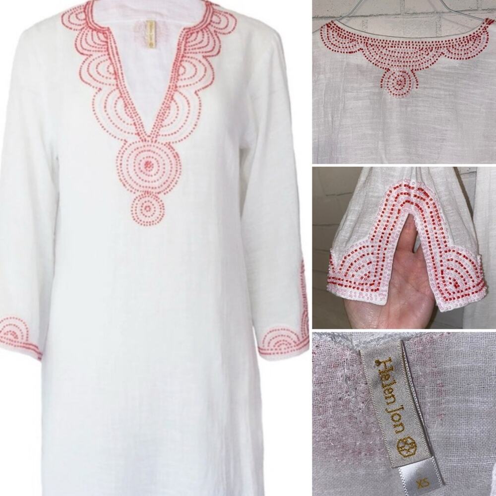 HELEN JON $164 Watermelon Pink Beaded Beach Tunic Cover-up Womens XS EUC